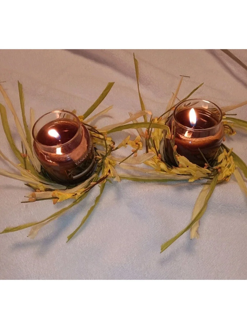 Pair of 6 Inch Mini Wreaths Yellow Wildflower Candle Rings Rustic Farmhouse